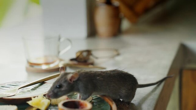 Domestic rat pest eating food on a kitchen counter