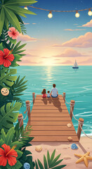 Obraz premium A family watches the sunset on a wooden pier, surrounded by tropical foliage, symbolizing summer vacation and togetherness