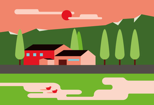 Peaceful Rural Landscape with Farm and Pond at Sunset