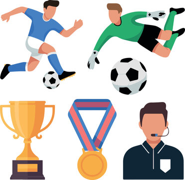  Set of football stickers with soccer player, goalkeeper, ball, trophy, medal and referee elements in modern flat style for sport design, tournament promotion and game illustration, vector clipar