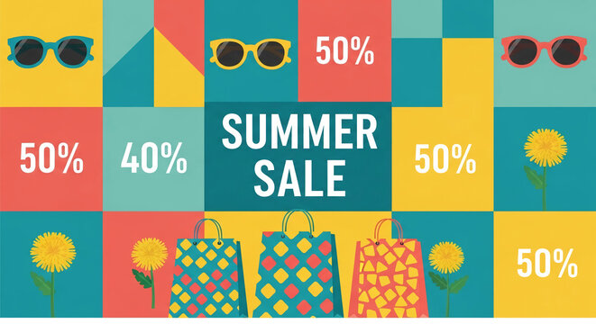 Colorful geometric pattern with sunglasses, shopping bags, and dandelions, symbolizing summer sale and discounts, perfect for promotional material.