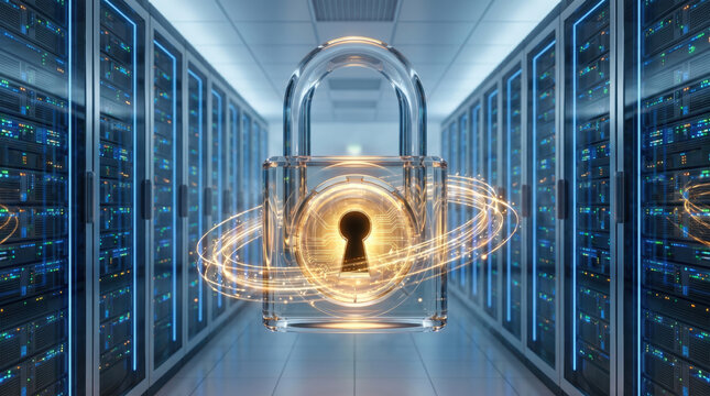 Transparent cyber lock protecting data inside futuristic server room, advanced cybersecurity concept featuring encrypted access control, secure storage architecture and digital defense innovation