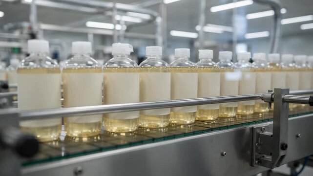 Medium shot capturing plastic bottles moving along a conveyor as they are filled capped and labeled with natural tincture products under bright factory lighting