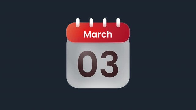 March 3rd Glass Effect Calendar Date Animation With Modern Liquid Glass Scheduler Icon Prores Alpha Channel 4K 60fps