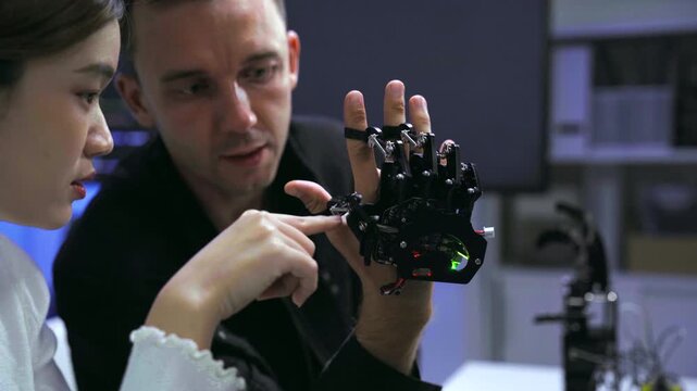 Tech developers collaborating on a robotic device in a lab