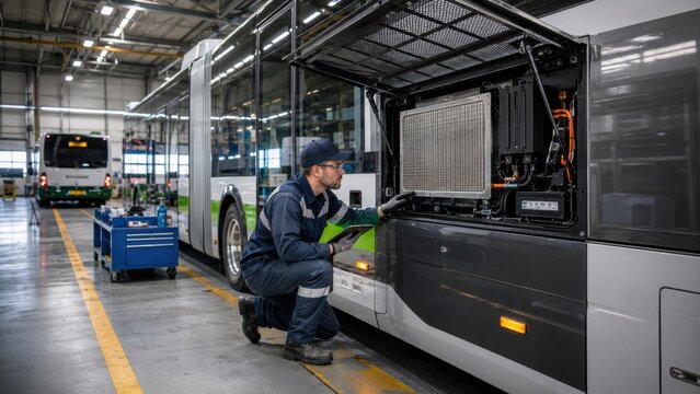 Busy technician repairs electric bus in workshop during daytime with tools organized around