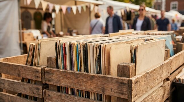 Uncovering rare analog sound treasures among stacked retro vinyl records at a busy outdoor bazaar