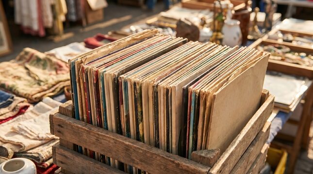 Inspecting faded cardboard covers of antique vinyl albums presented in a wooden crate under sunlight