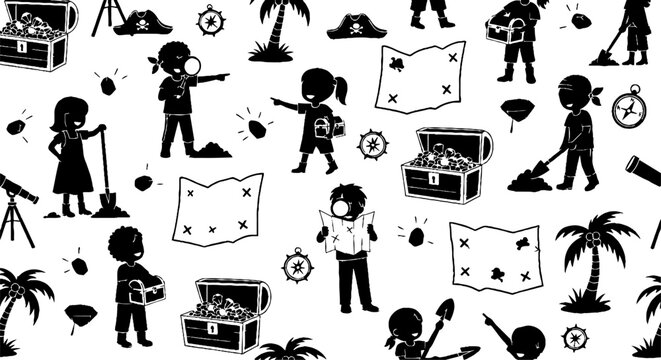 Playful black and white adventure exploration pattern design.