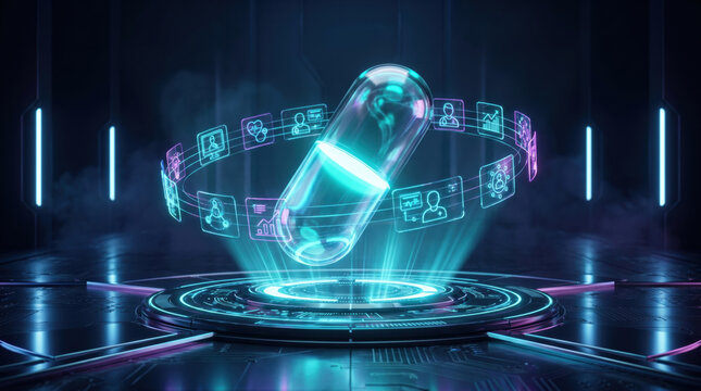 Futuristic digital healthcare capsule with floating medical data interface, advanced health technology concept showcasing innovation, smart diagnostics, biotechnology and future medicine