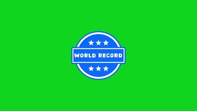 Animated blue world record Round badge stamp pulse animation on green screen for award victory achievement success winner