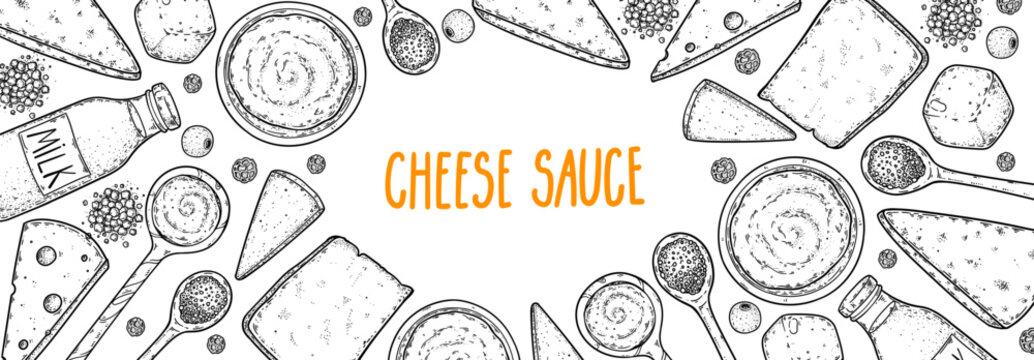 Cheese sauce ingredients engraved sketch vector set for packaging design. Hand-drawn vintage food elements kit. Elegant cheese sauce packaging frame with hand drawn illustration.