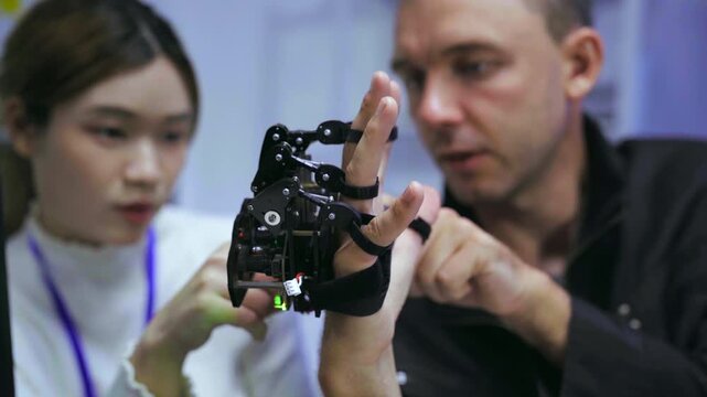 Tech developers collaborating on a robotic device in a lab
