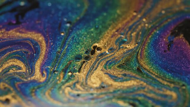 Macro shot of metallic gold, iridescent blue and green pigments swirling in oil creating mesmerising fluid liquid marble patterns.