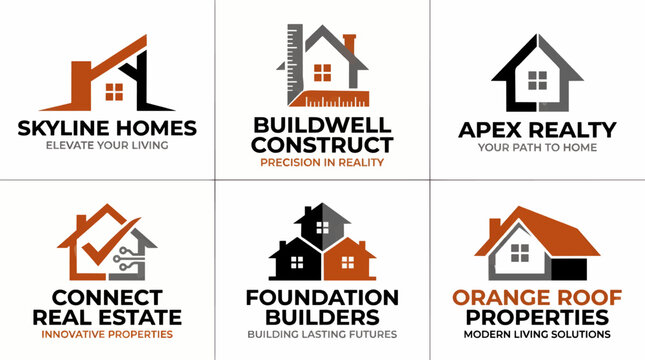 Collection of Six Real Estate and Construction Logos, Featuring Stylized Houses and Company Names, Vector Graphics