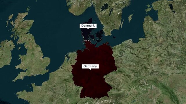 Satellite map animation of Europe zooming on Germany and Denmark showing country borders