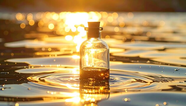 Elixir Bottle Submerged in Ocean Water at Golden Sunset