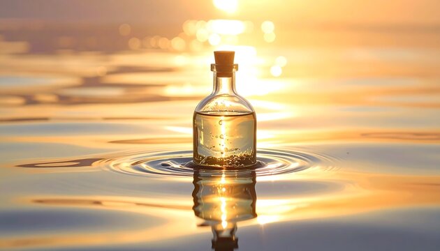 Elixir Bottle Submerged in Ocean Water at Golden Sunset