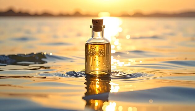 Elixir Bottle Submerged in Ocean Water at Golden Sunset