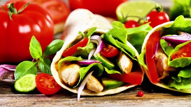 Fresh chicken wraps with vegetables on wooden table