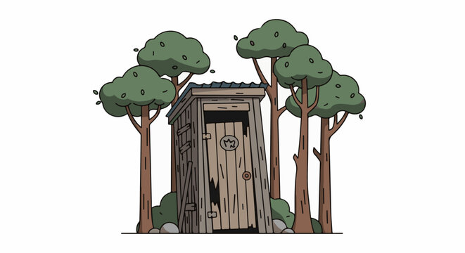 Rustic outhouse with weathered wood and corrugated roof nestled among trees
