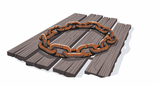 Rustic, rusty chain lies on weathered wooden planks