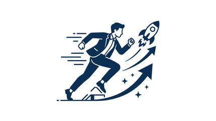 Businessman Running Fast Towards Rocket Launching Upward on Growth Chart © Sesel