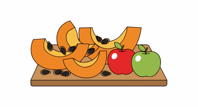 Sliced orange squash, red and green apples on wooden board