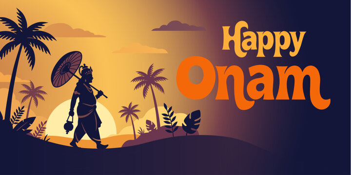 A silhouette of King Mahabali walking with an umbrella at sunset. A traditional harvest festival celebration in Kerala. A banner design dedicated to the Onam festival.