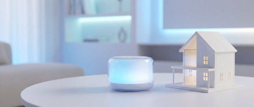 Smart Home Hub Device Mockup with Blank Glowing Screen on Table with Copy Space Banner