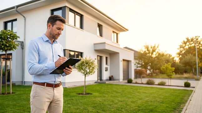 Professional male real estate agent inspecting a modern residential property exterior holding a clipboard while reviewing listing details during golden hour sunset.