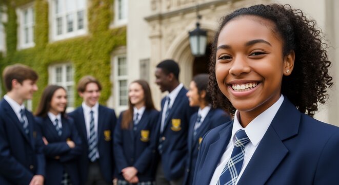 Smiling teenage girl in school uniform with friends in background