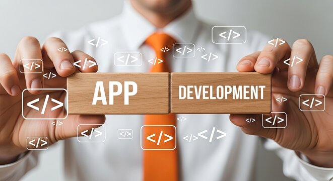 Businessman holding wooden blocks with APP DEVELOPMENT text, surrounded by coding symbols, representing mobile application software design and technology concept