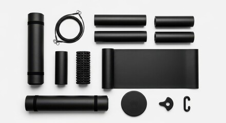 Collection of Black Fitness Equipment and Accessories Laid Out on a White Background