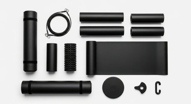 Collection of Black Fitness Equipment and Accessories Laid Out on a White Background