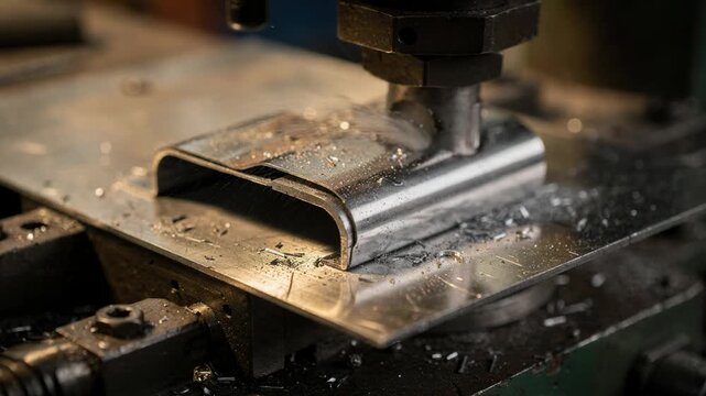 Medium shot of a compact stapler body being precision stamped and bent from a metal sheet highlighting detailed craftsmanship in fastener manufacturing