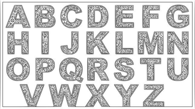 Alphabet Floral Pattern Coloring Page Mandala Letters A to Z Line Art