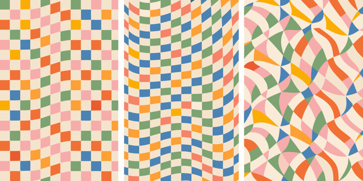 wavy checkerboard patterns triptych pattern geometric abstract