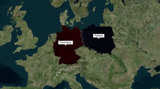 Satellite map animation of Central Europe zooming in on Germany and Poland showing country borders with dark highlights and text labels for geographical and geopolitical concepts