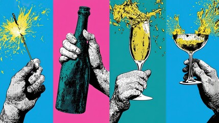 Fototapeta premium Bright segmented four-panel vertical graphic with halftone black-white hands, each holding sparkler, champagne bottle, flute and coupe cup with spilling drink
