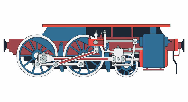 Schematic illustration of a steam locomotive's internal mechanism and wheels