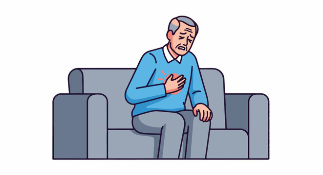 Senior man sitting on sofa clutching chest in pain