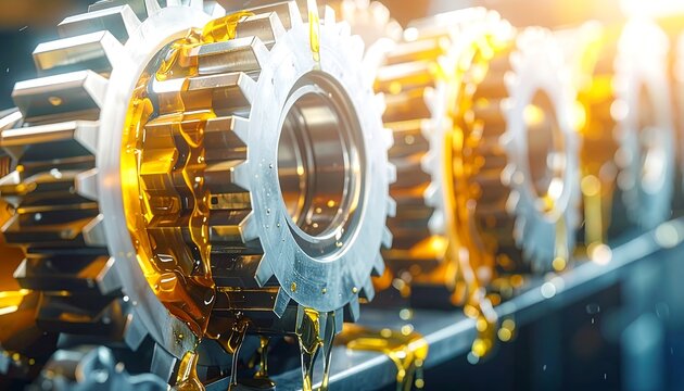 Industrial Gear Assembly with Flowing Golden Lubricant