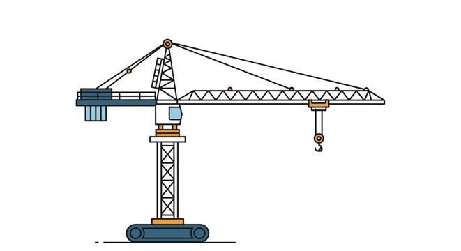 Construction tower crane illustration in a flat design style for building industry and urban development projects.