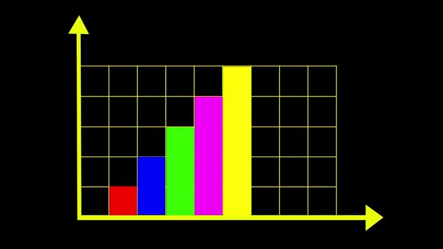 Animated bar graph showing business growth with colorful blocks rising on yellow grid background