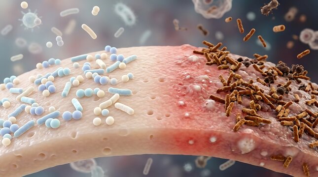 Microscopic view of diverse bacteria species colonizing skin surface with red inflammation showing unhealthy microorganisms impacting biological tissue and cellular health defense system.