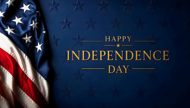 Happy independence day golden lettering banner with single star on dark blue background featuring draped us flag for patriotic american national holiday.