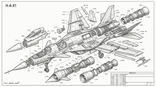 Detailed illustration of a fighter jet with missiles and parts exploded view