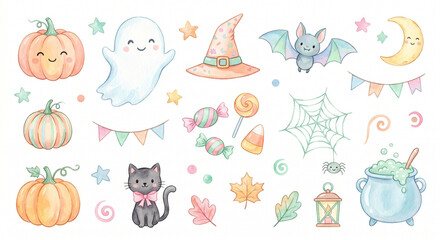 Obraz premium ハロウィン子供クリップアートセット 水彩イラスト
