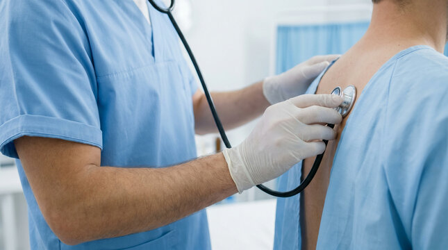 Male doctor listening to patient&rsquo;s lungs with stethoscope in clinic